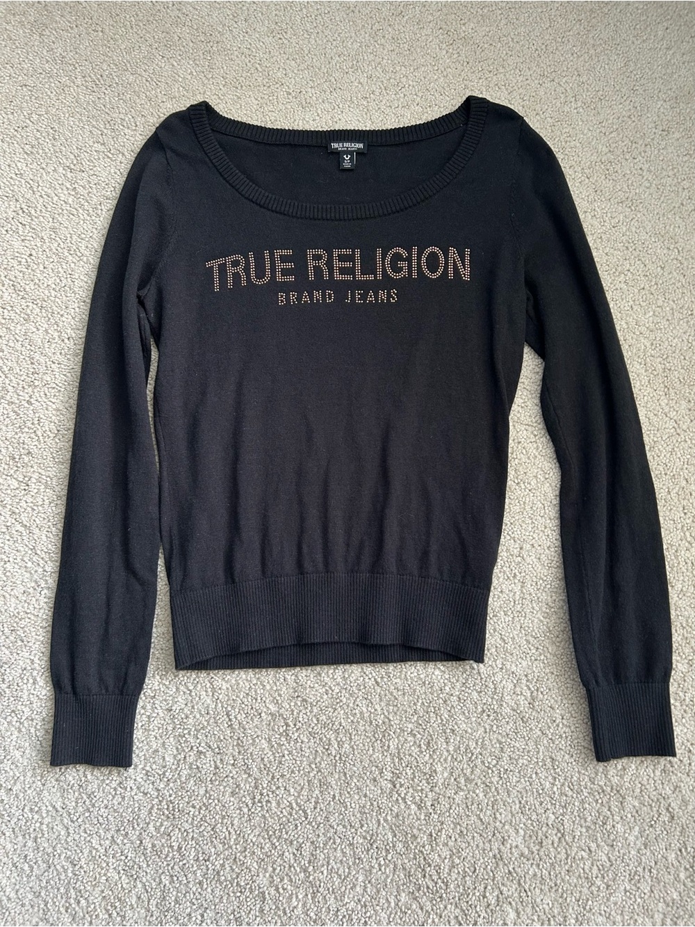 True Religion Black Scoop Neck Logo Sweater with Stud Detailing